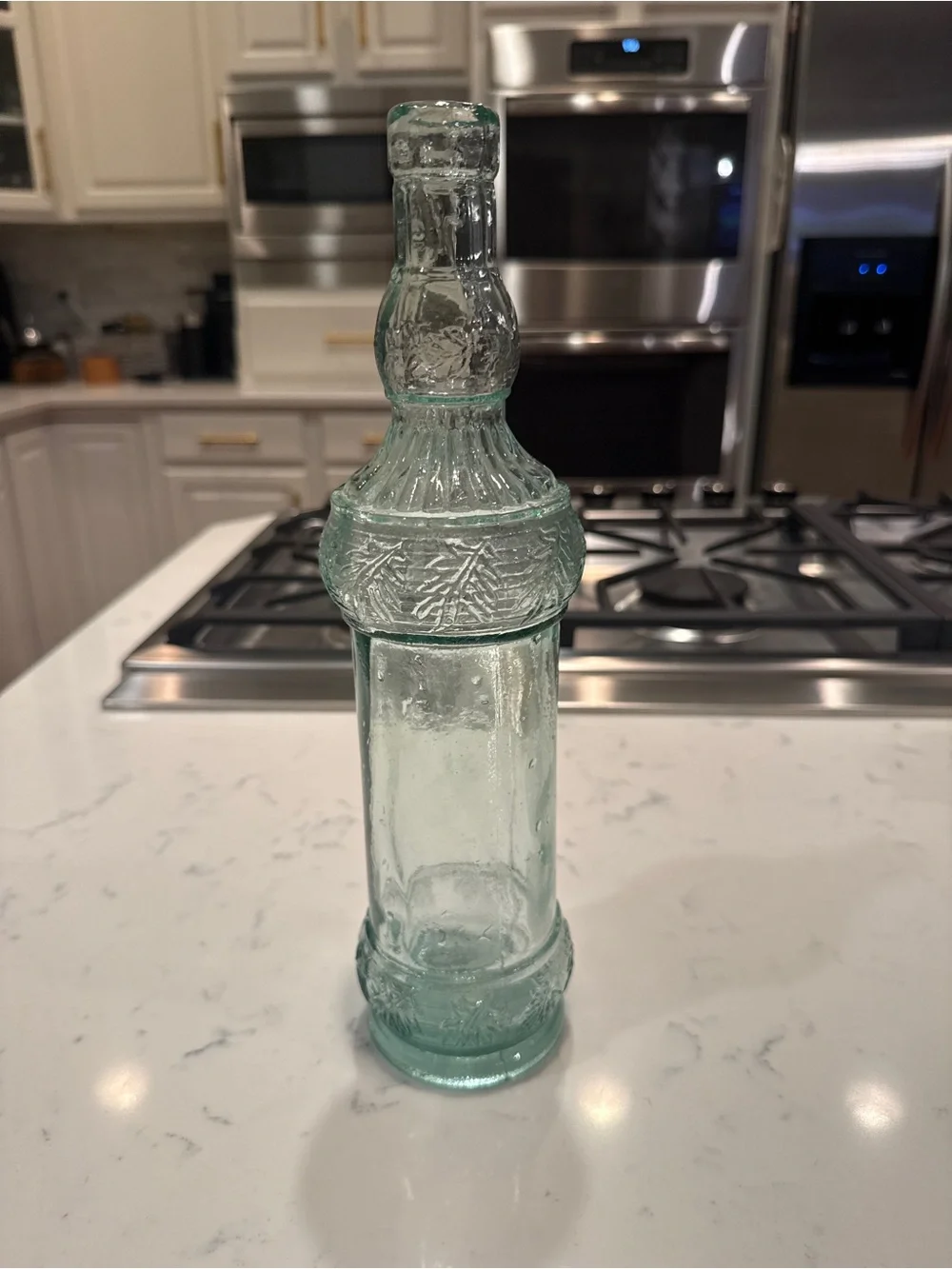 Vintage Spanish Recycled Glass Bottle Vase Aqua Green Embossed Pinecone